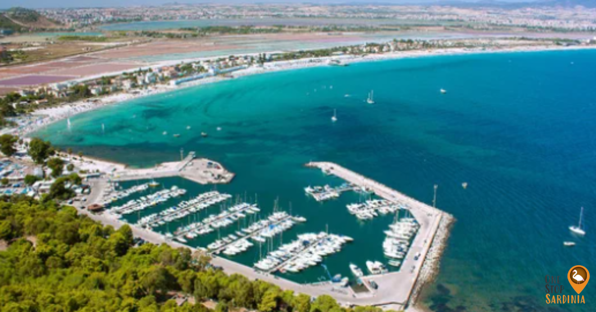 Beautiful view of sunny Poetto Beach in Cagliari, with golden sand and turquoise waters, popular for sunbathing, swimming, and beach activities.