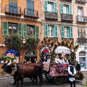 An ox-drawn cart carrying the statue of Saint Efisio, surrounded by people in traditional Sardinian costumes during the procession in Cagliari.